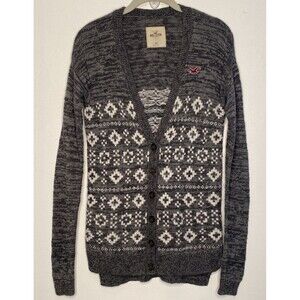Hollister Fair Isle Cardigan XS Gray White Seagull Logo Y2K Back to School